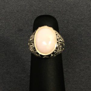 Sterling Ring w/Pink Jade Stone & Fancy Scrollwork